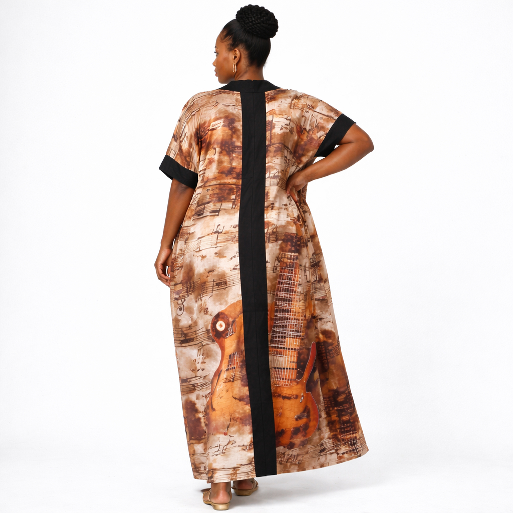 Brown Printed Long Kaftan Gown with Contrast Panel
